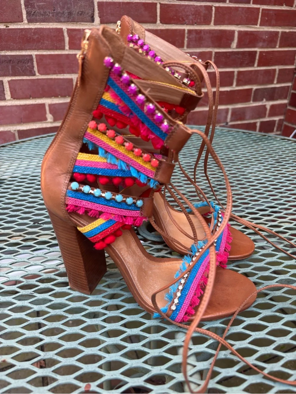 Schutz Calla Block Heeled Leather Sandals Lace-Up Multi-Color women 8.5
